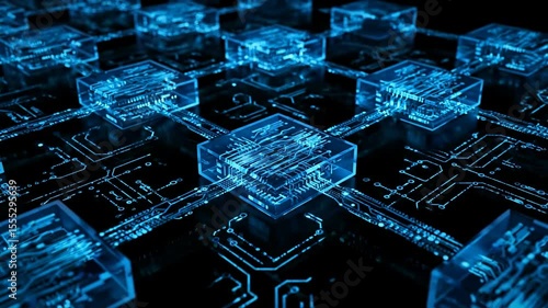 Blue circuit board modules connecting and transmitting data across a digital network grid with abstract glow, technology footage.