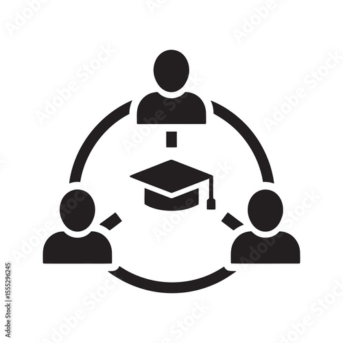 Collaborative learning icon with students in a network and a graduation cap representing a university community and group education vector solid glyph icon