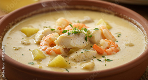 Wallpaper Mural Seafood chowder with herbs, hot and glossy, creamy winter soup, close-up with steam. Torontodigital.ca
