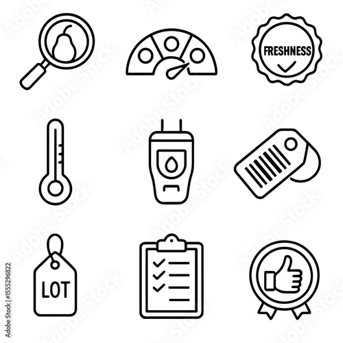 Produce Quality Icons. Outline style icons of Fresh Produce Quality Check: magnifying glass, ripeness chart, freshness stamp,