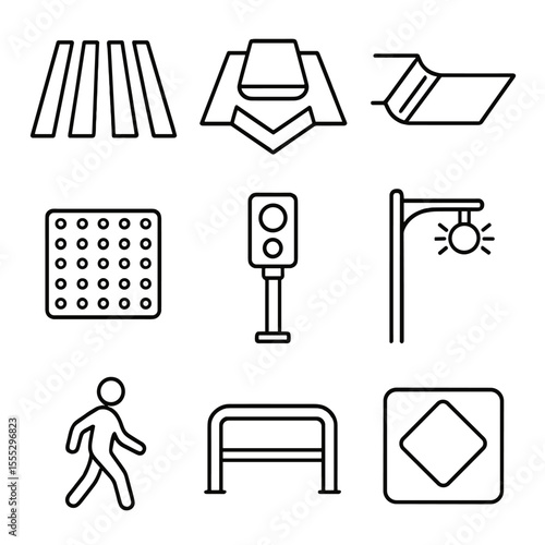 Pedestrian Safety Icons. Outline style icons of Pedestrian Safety Features: crosswalk stripes, refuge island, curb ramp, tactile