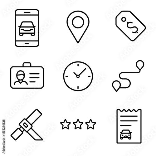 Ride-Hailing Icons Set. Outline style icons of Ride-Hailing Service: smartphone app car, pickup pin, fare estimate tag, driver
