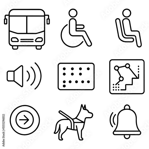 Urban Accessibility Icons. Outline style icons of Urban Accessibility Transit: low-floor bus icon, wheelchair space, priority seat