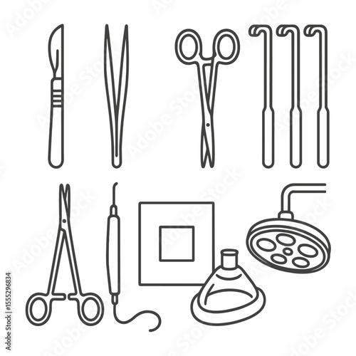 Surgical Instruments Icons. Outline style icons of Operating Room Instruments: scalpel, forceps, surgical scissors, retractors set