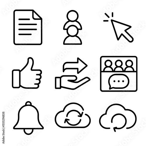 Team Collaboration Icons. Outline style icons of Team Collaboration: shared document, comment bubble, avatar circle stack,
