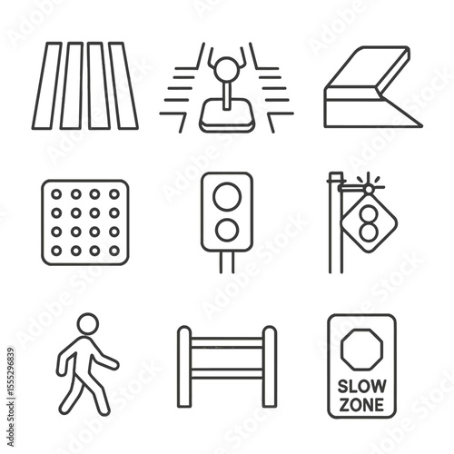 Pedestrian Safety Icons. Outline style icons of Pedestrian Safety Features: crosswalk stripes, refuge island, curb ramp, tactile