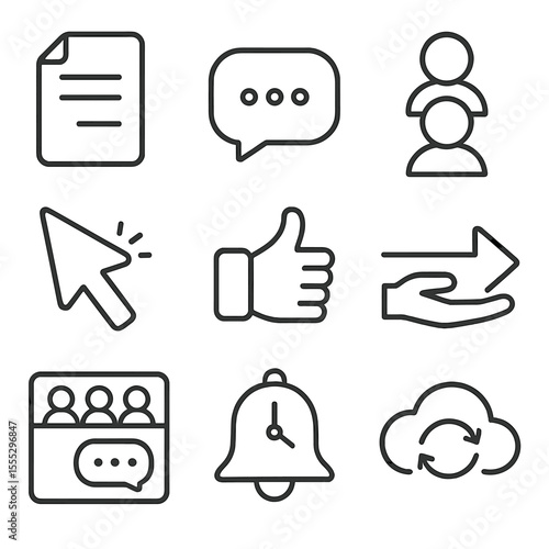 Team Collaboration Icons. Outline style icons of Team Collaboration: shared document, comment bubble, avatar circle stack,