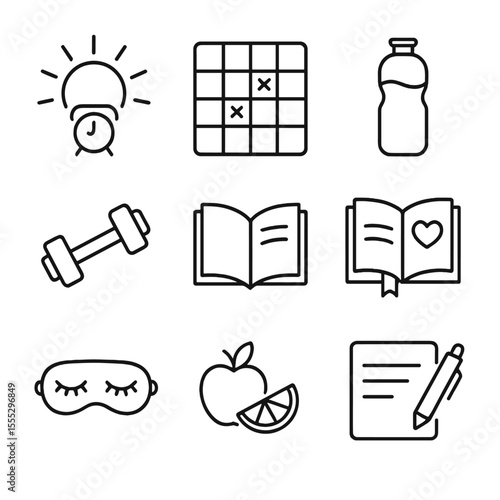 Productivity Icons Set. Outline style icons of Personal Productivity Habits: morning routine sun, habit tracker grid, hydration