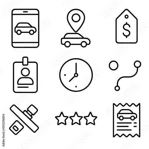 Ride-Hailing Icons Set. Outline style icons of Ride-Hailing Service: smartphone app car, pickup pin, fare estimate tag, driver