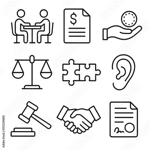Negotiation Icons Collection. Outline style icons of Negotiation Skills Laboratory: bargaining table, offer sheet, concession chip
