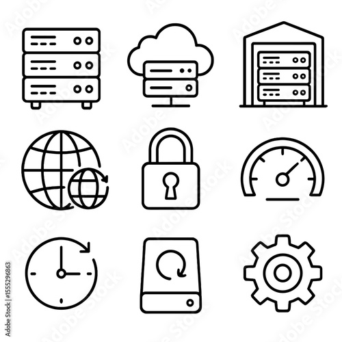 Web Hosting Icons. Outline style icons of Web Hosting Infrastructure: server rack, cloud instance, data center, CDN globe, SSL