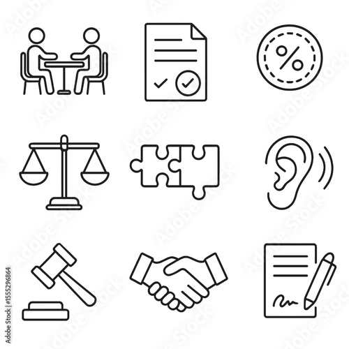 Negotiation Icons Collection. Outline style icons of Negotiation Skills Laboratory: bargaining table, offer sheet, concession chip