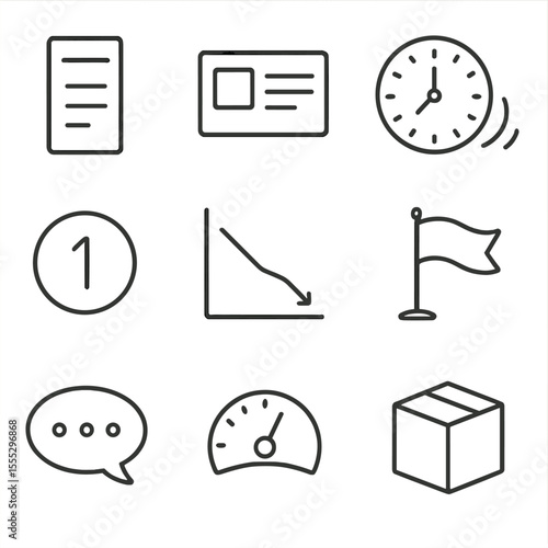 Agile Scrum Icons. Outline style icons of Agile Scrum Training: backlog column, sprint board card, stand-up clock, story point