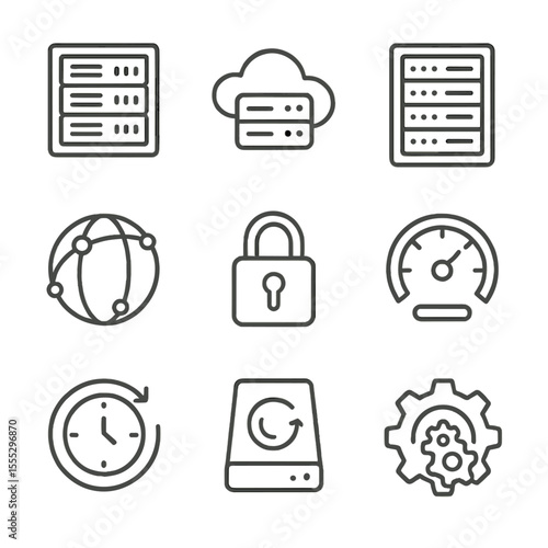 Web Hosting Icons. Outline style icons of Web Hosting Infrastructure: server rack, cloud instance, data center, CDN globe, SSL