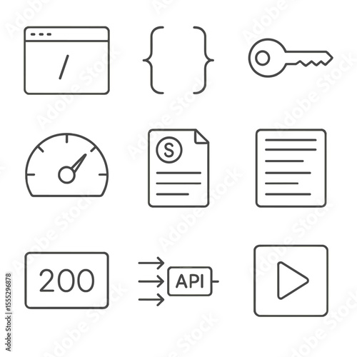 API Icons Outline. Outline style icons of API Development Suite: REST endpoint, JSON braces, authentication key, rate limit gauge,