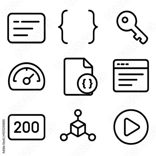 API Icons Outline. Outline style icons of API Development Suite: REST endpoint, JSON braces, authentication key, rate limit gauge,