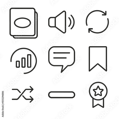 Language Learning Icons. Outline style icons of Language Learning Flashcards: word card, pronunciation speaker, flip arrow,