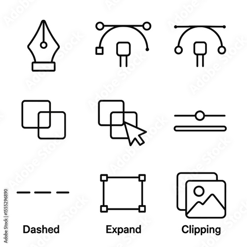Vector Editing Icons. Outline style icons of Vector Editing Workspace: pen tool nib, anchor point, Bézier handles, pathfinder