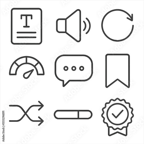 Language Learning Icons. Outline style icons of Language Learning Flashcards: word card, pronunciation speaker, flip arrow,
