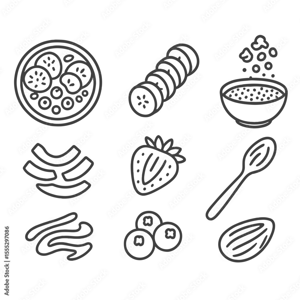 Smoothie Bowl Icons. Line style icons of Healthy Smoothie Bowl: acai bowl, sliced banana, chia seeds, granola sprinkle, coconut Smoothie Bowl Icons. Line style icons of Healthy Smoothie Bowl: acai bowl, sliced banana, chia seeds, granola sprinkle, coconut