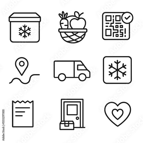 Farm-to-Table Icons. Outline style icons of Farm-to-Table Delivery: insulated box, produce logo, QR trace label, route map pin,