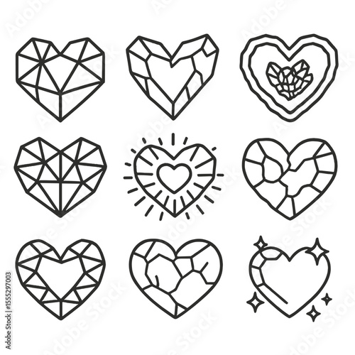 Heart Crystal Icons. Outline style icons of Black Heart Crystal Shapes: faceted gem heart, prism shard heart, raw crystal heart,