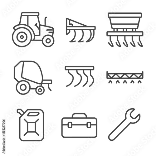 Farming Equipment Icons. Outline style icons of Farming Machinery Fleet: tractor, plow attachment, seed drill, baler, cultivator