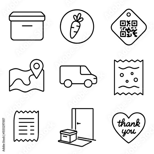 Farm-to-Table Icons. Outline style icons of Farm-to-Table Delivery: insulated box, produce logo, QR trace label, route map pin,