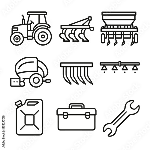 Farming Equipment Icons. Outline style icons of Farming Machinery Fleet: tractor, plow attachment, seed drill, baler, cultivator