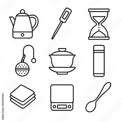 Tea Brewing Icons. Outline style icons of Tea Brewing Tools: electric kettle base, thermometer probe, tea timer, mesh infuser ball