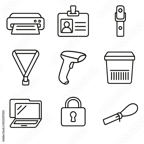 Security ID Icons. Outline style icons of Security & ID Station: laminator machine, ID badge holder, badge clip, security lanyard,
