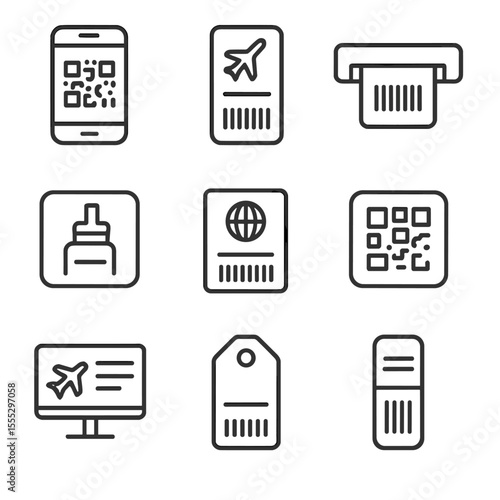 Airline Icon Collection. Outline style icons of Airline Boarding Pass Barcodes: mobile boarding QR, paper pass stripe, gate reader