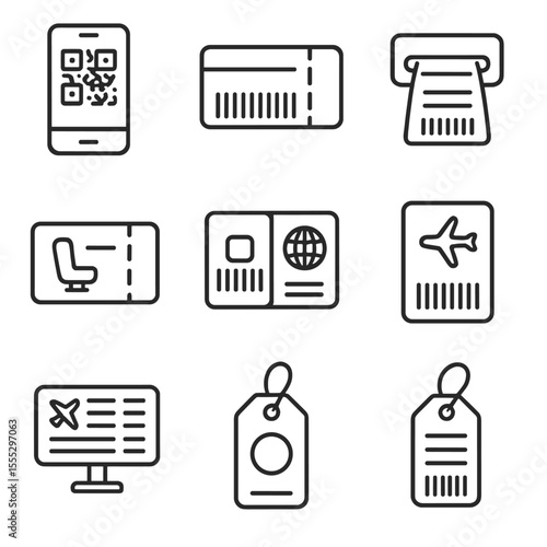 Airline Icon Collection. Outline style icons of Airline Boarding Pass Barcodes: mobile boarding QR, paper pass stripe, gate reader