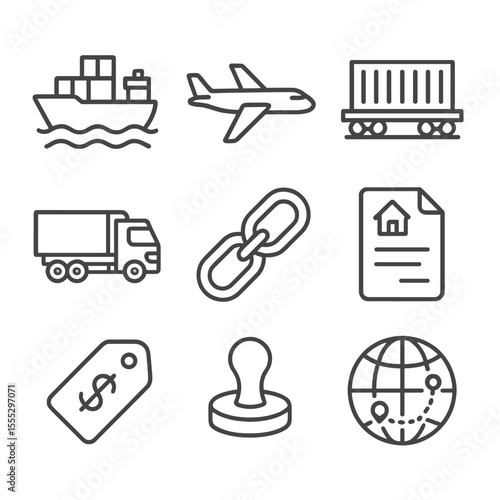 Freight Forwarding Icons. Line style icons of Freight Forwarding Process: cargo ship, air freight plane, rail container car,