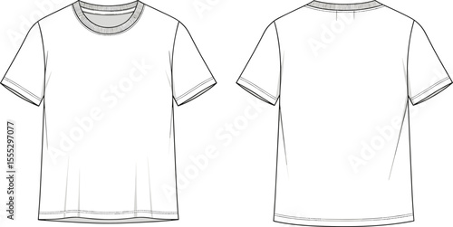 Basic unisex short sleeve t-shirt front and back view, fashion cad template, clean flat sketch, technical vector drawing illustration