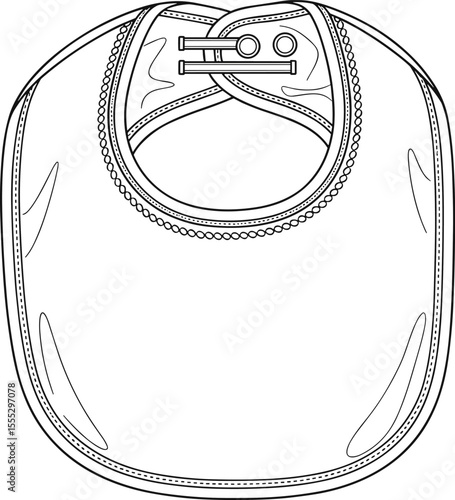 Baby bib technical fashion sketch, vector flat CAD drawing, infant clothing accessory design, front view illustration for apparel design