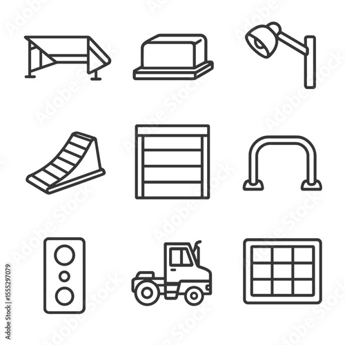 Dock Management Equipment Icons. Line style icons of Dock Management Gear: dock leveler plate, bump stop, dock light, trailer