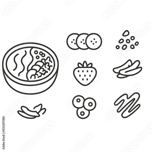 Smoothie Bowl Icons. Line style icons of Healthy Smoothie Bowl: acai bowl, sliced banana, chia seeds, granola sprinkle, coconut