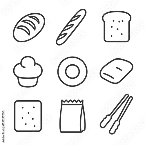 Artisanal Bakery Icons. Line style icons of Artisanal Bakery Shelf: sourdough loaf, baguette stick, rye bread slice, brioche bun,