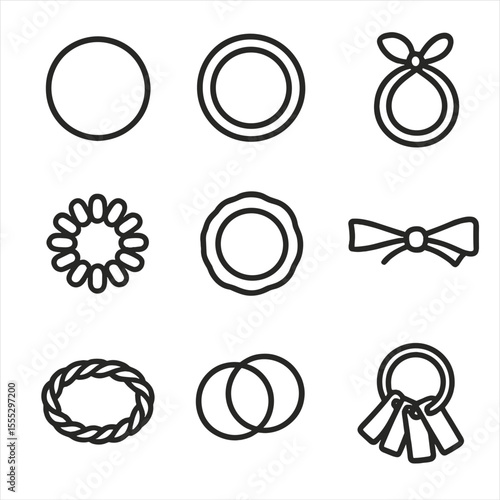 Stretchy Hairband Icons. Line style icons of Stretchy Hair Bands: thin elastic band, thick ponytail tie, knotted loop band,