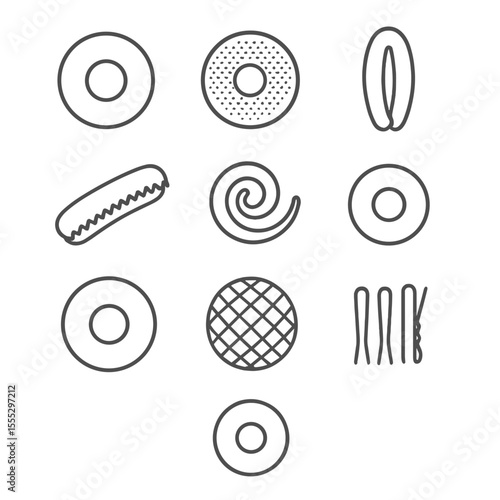 Hair Bun Maker Icons. Line style icons of Hair Donut Bun Makers: foam donut ring, mesh bun maker, snap wrap bun, velcro bun maker,