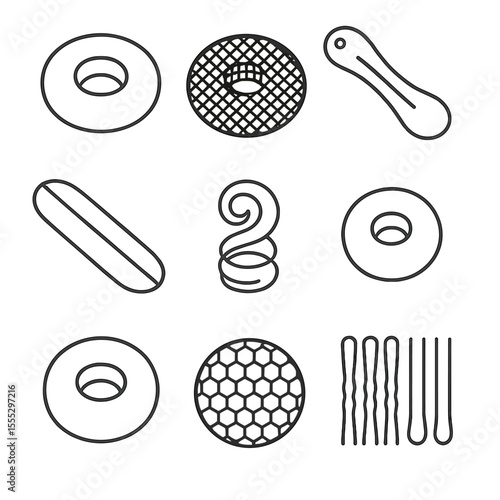 Hair Bun Maker Icons. Line style icons of Hair Donut Bun Makers: foam donut ring, mesh bun maker, snap wrap bun, velcro bun maker,