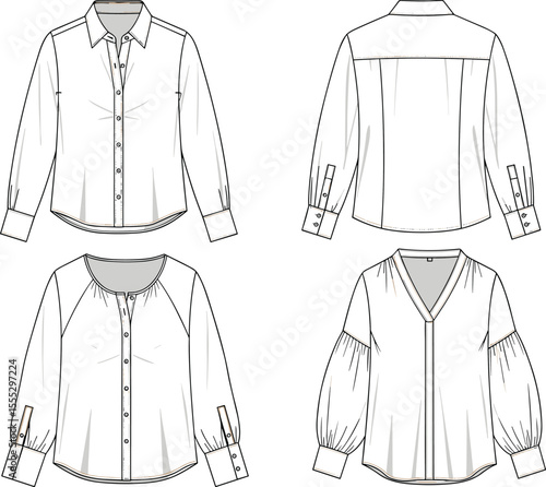 Flat technical cad sketch of women’s blouse shirt tops with long sleeves, cuff detail, front and back view vector illustration