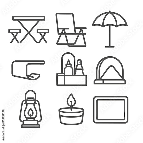 Outdoor Dining Icons. Line style icons of Outdoor Table Setup: folding picnic table, collapsible chair, umbrella pole, tablecloth