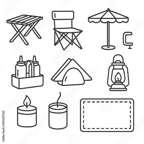 Outdoor Dining Icons. Line style icons of Outdoor Table Setup: folding picnic table, collapsible chair, umbrella pole, tablecloth