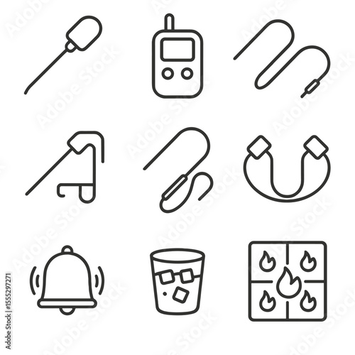 BBQ Temperature Icons. Line style icons of BBQ Temperature Monitoring: instant-read probe, dual-channel wireless receiver,