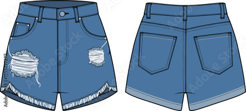 High waisted distressed denim shorts technical fashion flat, cad drawing front and back view, vector clothing illustration template