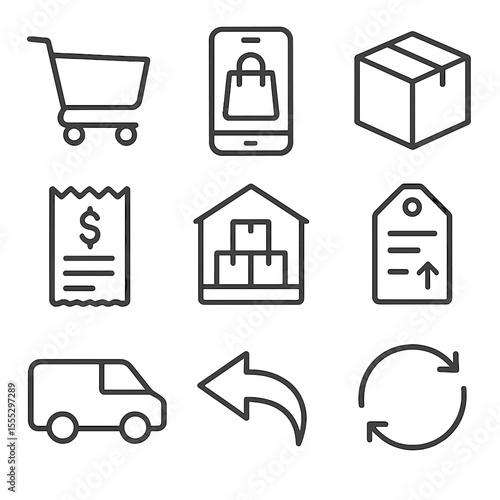 Omnichannel Order Icons. Line style icons of Omnichannel Order Flow: web shop cart, mobile app order, marketplace box, POS ticket,