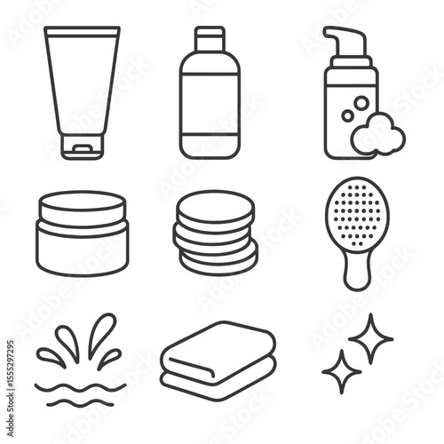 Facial Cleansing Icons. Line style icons of Daily Facial Cleansing: gel cleanser tube, micellar water bottle, foaming pump,
