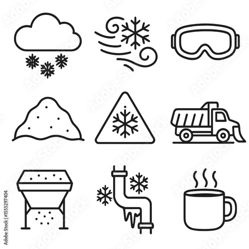 Winter Storm Icons. Line style icons of Winter Snowstorm: heavy snow cloud, blowing snowflake swirl, whiteout goggles, snow drift